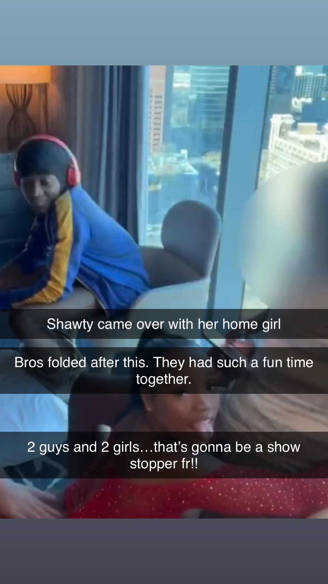 2 guys are 2 girls?? That's a show stopper. Shawty came over with her home girl 🤤  Title: when besties come around 🥵🥴